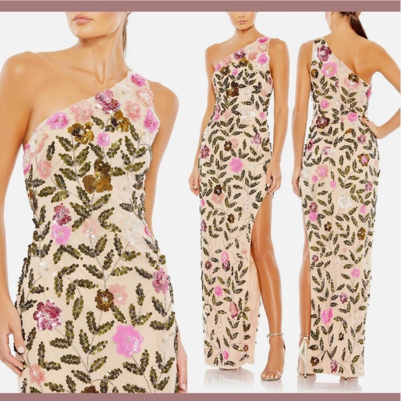 Mac Duggal Dresses & Skirts - NWT $598 Mac‎ Duggal [ 0 ] Floral Sequined One Shoulder Column Gown Nude Pink